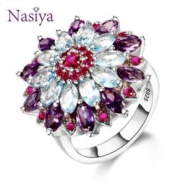 Band Rings Nasiya Multicolor Gemstone Flower Shape Wedding Ring New Design Silver Colour Jewellery Rings for Women Wholesale Jewellery J230517