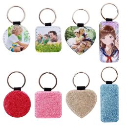 Party Gifts PU Leather Sublimation Keychain DIY Blank And Glitter Shining Key chain Heat Transfer Jewelry Accessories Wholesale