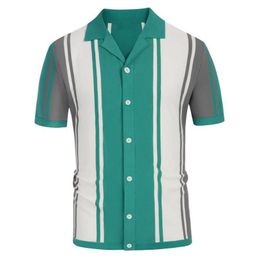 Men's Polos Spring Summer Patchwork Striped Knit Polo Shirt Men Casual Turndown Collar Button Slim Top Ice Silk Tshirt Vintage Cardigan 230517
