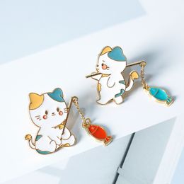 New Fashion Creative Cat Fishing Design Metal Enamel Brooch Cartoon Cute Animal Badge Pin Best Friend Gift Jewellery Accessories