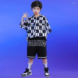Stage Wear Teenage Hip Hop Clothing Chequered Letter T Shirt Streetwear Black Shorts For Girl Boy Jazz Dance Costume Kid Rave Clothes