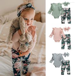 Clothing Sets Baby Girls Clothes Solid Color Rib Knit Romper Bodysuit Floral Pants Leggings Headband 0-24M Born Infant Toddler Outfits