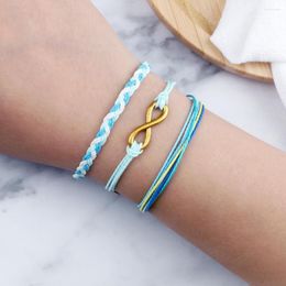 Strand 3Pcs/Set Blue Color Bohemian Wax Line Braided Bracelet Lucky Metal Word 8 Pendant Wrist Bangles Chain Friendship Jewelry Gift