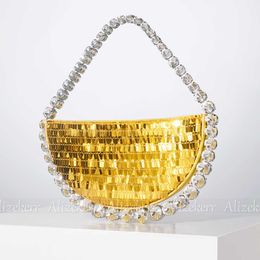 Totes Shiny Crystal Sequines Round Evening Bag Luxury Designer Half Moon Rhinestone Wedding Clutch Purses and Handbags Party 230509