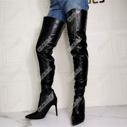 Olomm Women Thigh High Boots Sexy Stiletto High Heels Boots Pointed Toe Night Club Wear Party Shoes Women Plus US Size 5-15