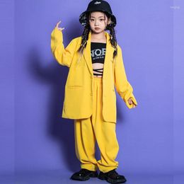 Stage Wear Kids Hip Hop Clothing Oversize Yellow Shirt Blazer Tops Casual Street Pants For Girl Boy Jazz Dance Costume Clothes Outfits Set