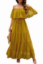 yellow Yellow Yellow Off Shoulder Ruffle Swiss Dot Maxi Dress J3zZ#