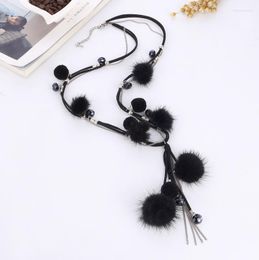 Pendant Necklaces Women Mink Hair Fur Ball Plush Pom Long With Adjust Crystal Pearl Pendants Jewellery