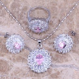 Necklace Earrings Set Pink White CZ Silver Plated Pendant Ring Size 6 / 7 8 9 10 S0108