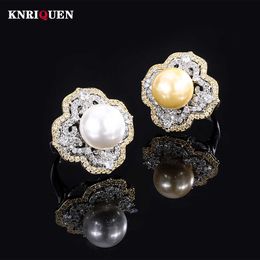 Band Rings Charms 14MM White Pale Gold Big Pearl Adjustable Rings for Women Lab Diamond Cocktail Party Fine Jewelry Anniversary Female Gift J230517