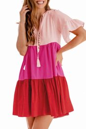 pink Tie Button V Neck Short Flowy Sleeve Tiered Dress j3XY#