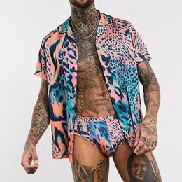 Mens Tracksuits Men Pink Leopard Print Hawaiian Set Summer Button Short Sleeve ShirtSwimming Briefs Casual Streetwear 2 Piece Suit S5XL 230516