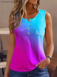 Women's Tanks Camis Trendy Gradient Tank Top Women Sleeveless Henley Shirts Summer Button Up Casual Blouse Dressy Pullover Tanks Streetwear 2023 New T230517