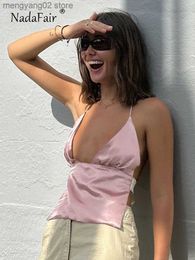 Women's Tanks Camis Nadafair Satin Backless Women V Neck Sexy Summer Tops Sleeveless Halter Pink Khaki Purple Chic Elegant Camis 2023 Y2K Streetwear T230517