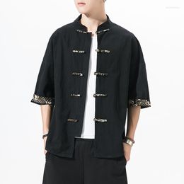 Men's Casual Shirts Linen 2023 Chinese Tang Tops Style Men Half Suit Sleeve TradiTional Hanfu Shirt Plus Size M-5XL