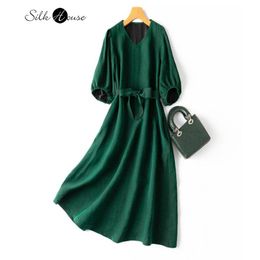 Dress Old Green Turtle Cracks Xiangyun Yarn Silk Big Swing Dress 100% Natural Silk Medium Length Dress