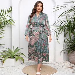 Women's Sleepwear Plus Size 5XL Kimono Bathrobe Gown Vintage Ethnic Flower Printing Women Robe Summer Long Rayon Nightgown Home Dress