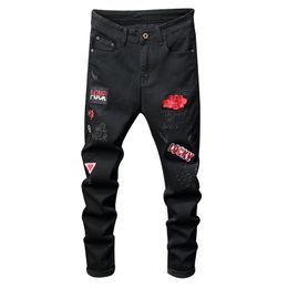 Mens Jeans Sokotoo red flower letters embroidery black jeans Fahion badge stretch denim pants 230516