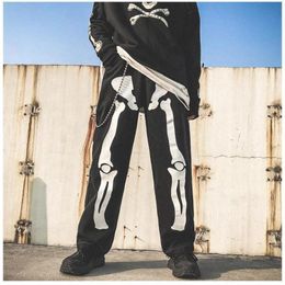 Men's Pants High Quality Skeleton Print Jeans Men Hip Hop Harem Halloween Vintage Denim Streetwear Wide Leg Straight Baggy Cargo