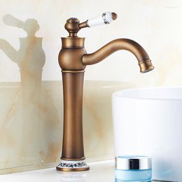 Bathroom Sink Faucets Vintage Ceramics Style Deck Mounted Long Neck Rotation Basin Faucet Antique Brass Single Handle Torneira TP-1086