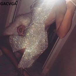 Dress GACVGA Crystal Metal Halter Shining Summer Dress High Split Women Beach Dress Sequin Mini Sexy Party Dresses Vestidos