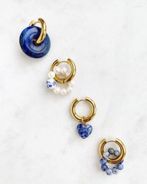 Dangle Earrings Statement Natural Semi-precious Stone Lapis Lazuli Freshwater Pearl Women Gifts Jewellery Stainless Steel Hoop For