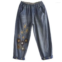 Jeans femininos bordados de bolso vintage Mulheres da cintura elástica calças de harém soltas cortadas de moda direta Lidera cowboy calça