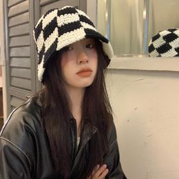 Berets Autumn And Winter Women's Korean Color-block Plaid Knitted Bucket Hat Retro All-match Tide Woven Checkerboard Fisherman Cap