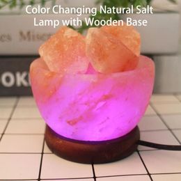 Night Lights Creative LED Romantic Glare Free Interesting Light Colour Changing Natural Salt Lamp With Wooden Base Decorative