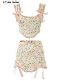 Two Piece Dress Sexy Floral Print Bow Cross Lacing up Back Corset Wood ears Crop Top High Waist Ribbon Asymmetric Mini Skirt 2 pieces 1 set 230516