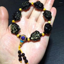 Strand Wholesale Gold Black Obsidian Natural Stone Bracelet Carved Laughing Buddha Beads Bracelets Lucky For Women Men Fashion Jewellery