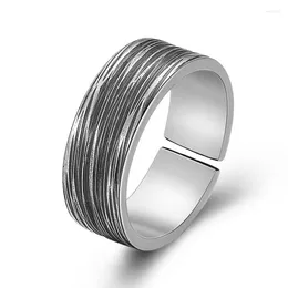 Cluster Rings Solid Silver Retro Simple Stripe Couple Thai Opening Personality Men And Women Ring S999 Sterling Gift