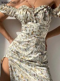 New Womens Fluffy Sleeves And Off Shoulder Long Skirt Floral Pattern Side Lace Up Slit Chic Mid Calf Aesthetic Dress Summer