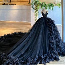 Gothic Black puffy skirt Wedding Dresses V Neck Halloween Christmas Dress Spaghetti Straps Tulle with 3D Flower brial gown