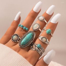 Cluster Rings 8PCS/Lot Retro Women Turquoises Bijoux Vintage Geometric Silver Plated CZ Afghan Jewelry Gift