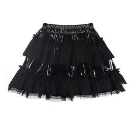 Dresses Vocole Womens Gothic Black PVC Leather Mesh Patchwork Ruffle Mini Skirt DS Clubwear