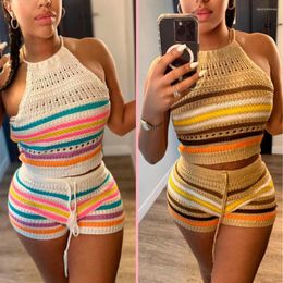 Summer Rainbow Knitted Crop Top 2 Piece Short Pant Suits Sets Womens Outfits Clothes Crochet Backless Two Piece Set Sexy Club