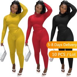 Women's Two Piece Pants Wholesale Items Ribbed Set Women Sporty Fall Clothes Turtleneck Crop Top And Casual Skinny Tracksuit