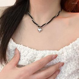 Pendant Necklaces Korean Fashion Black Crystal Beaded Double Heart Necklace For Women Vintage Clavicle Chain Neck Aesthetic Jewelry 2023