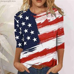 Women's T-Shirt Customised 2023 Spring Independence Day Theme Printed Round Neck 3/4 Sleeve Women's T-shirt T230517