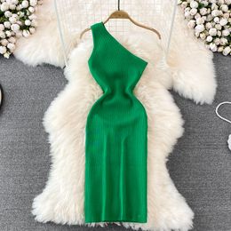 Casual Dresses Sexy One Shoulder Crochet Bodycon Dress Chic Knitted Elegant Midi Vestidos Fashion Party Club Dresses Slim Goth Women Sundress 230517