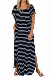 blue Striped Print Ruffled High Waist Maxi Dress with Side Splits x4ct#