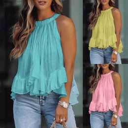 Women's Tanks Camis Sexy Halter Tops Ruffle Women Chiffon Blouses Camisoles Off Shoulder Sleeveless Blouse Loose Crop Tops Summer Elegant Tank Tops T230517