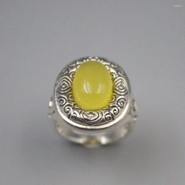 Cluster Rings Solid Pure S925 Sterling Silver Yellow Chalcedony Band Women Ellipse Round Figure Ring 22mm US6-US8