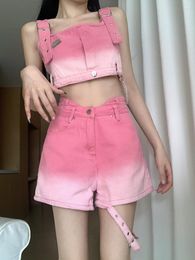 Womens Tracksuits Bulochova Summer Designer Gradient s Suits Spaghetti Strap Short Tops High Waist Denim Shorts 2 Piece Sets