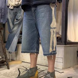 Mens Jeans KAPITAL Hirata Hohiro Loose Relaxed Pants Embroidered Bone Wash Used Raw Edge Denim Shorts for Men and Women C