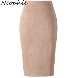 Skirts Neophil Winter Women Suede Midi Pencil Skirt High Waist Gray Pink XXL Sexy Style Stretch Wrap Ladies Office Work Saia S1009 230516