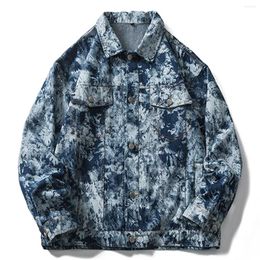 Мужские куртки Lakible Men Harajuku Hip Hop Streetwear Blue Denim Jacket Retro Tie Dye Cargo Hear 2023 Осенью повседневная одежда