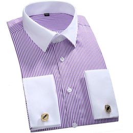 Men's Dress Shirts Quality Gentle Formal Mens French Cuff Dress Shirt Men Long Sleeve Solid Striped Style Men's Shirts Cufflink Include Plus Size 230517