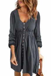 Grey Button Up High Waist Long Sleeve Dress 2023 Hot New P2MH#